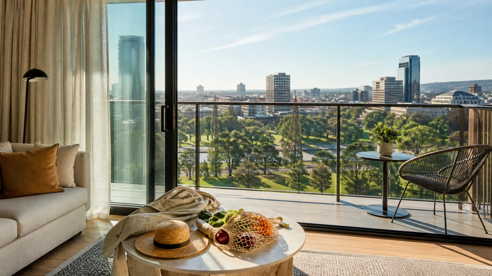 Adelaide apartment balcony looking across green parklands to the city