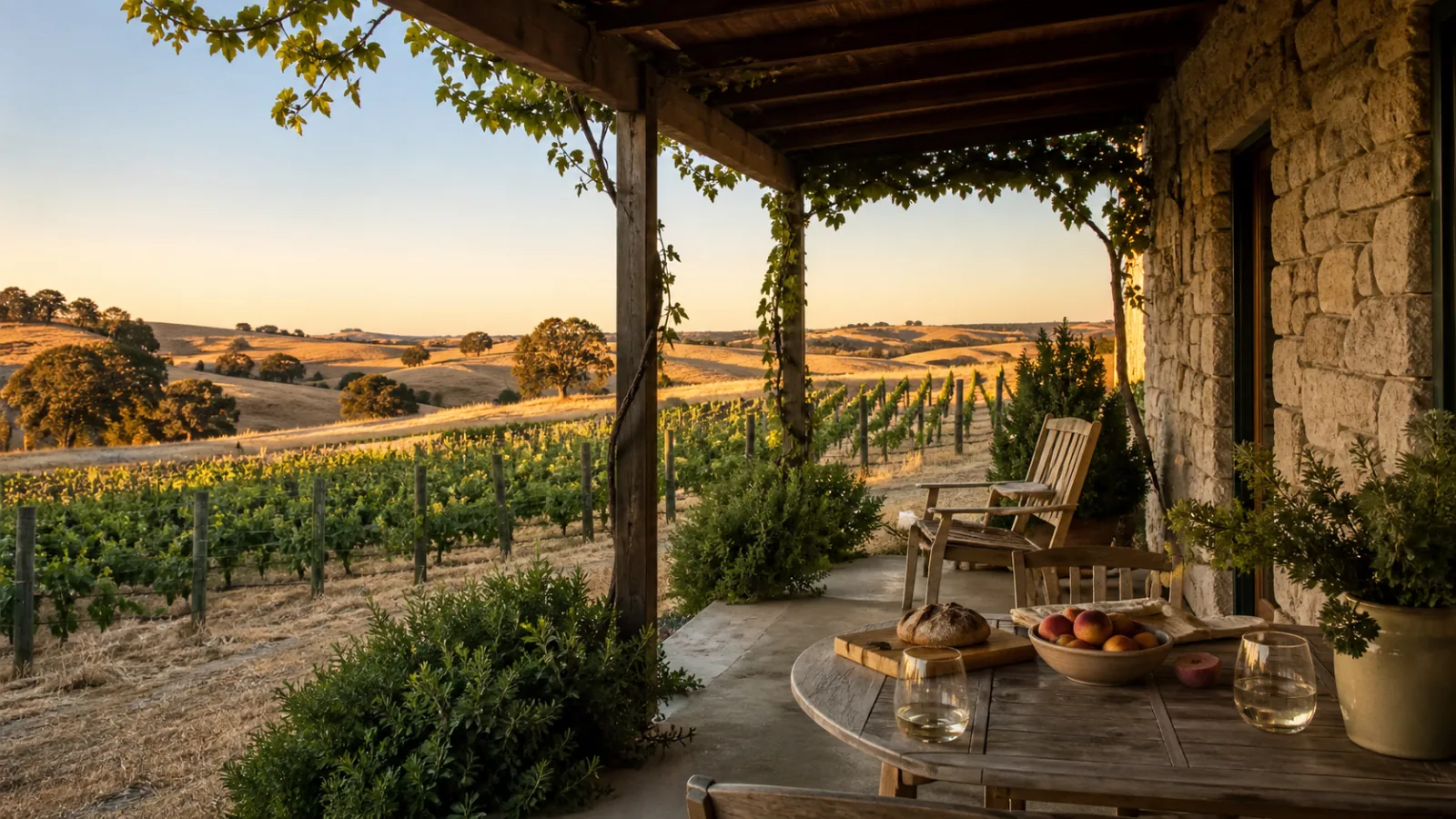 Barossa stone cottage veranda overlooking dry-country vineyard rows
