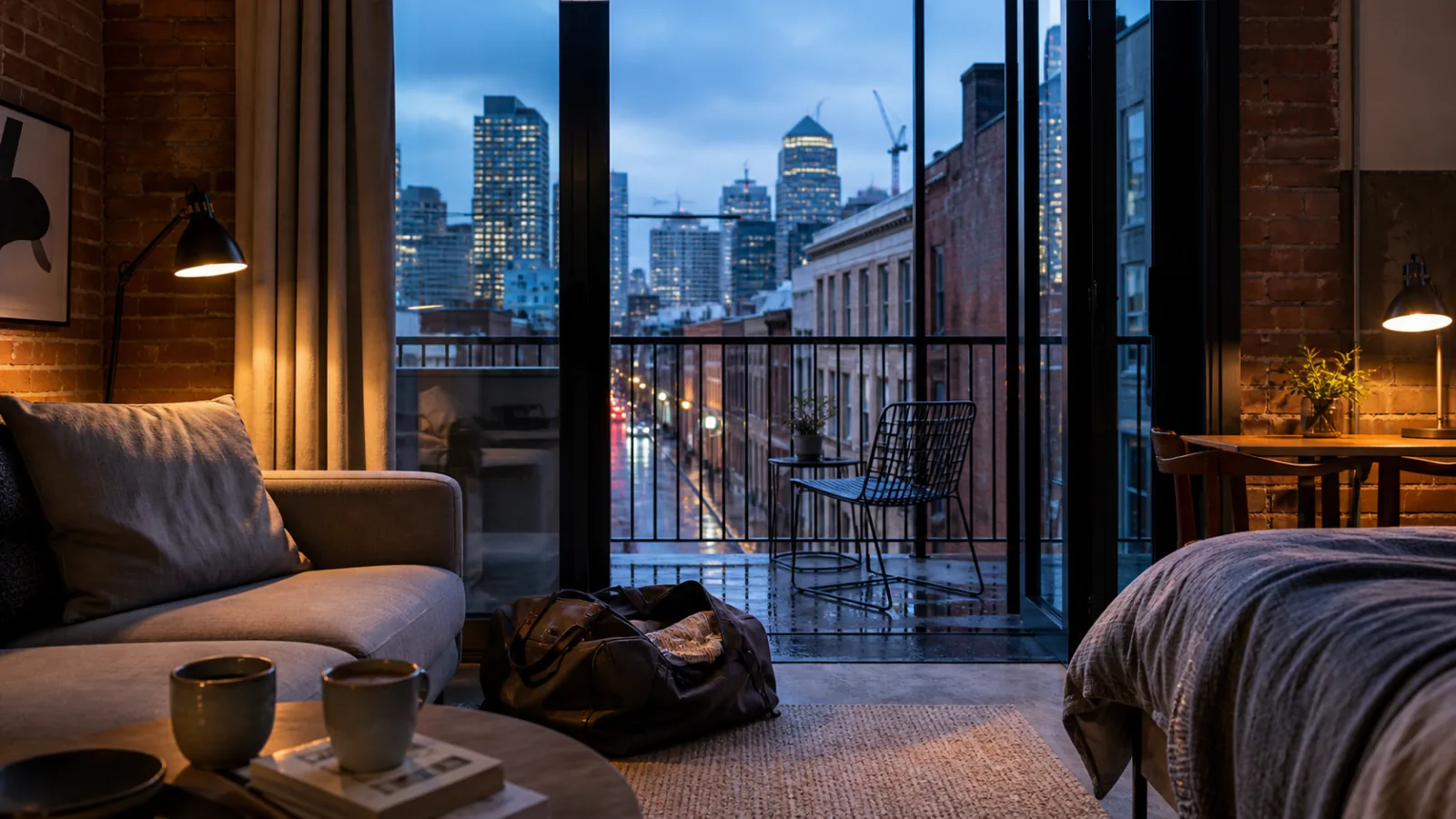Melbourne apartment with brick walls, balcony and rain-softened city skyline