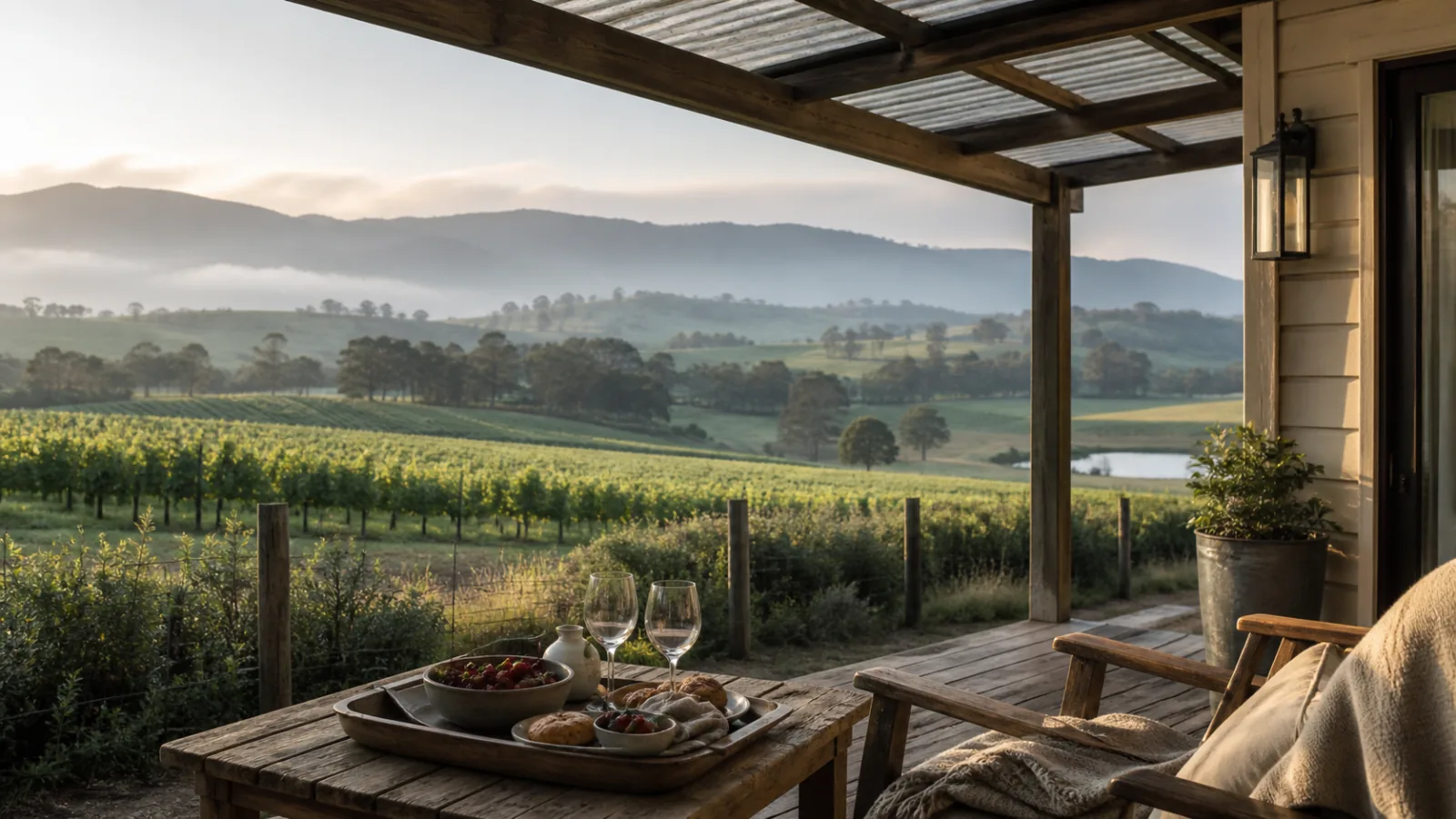 Yarra Valley cottage veranda overlooking vineyard rows and misty hills