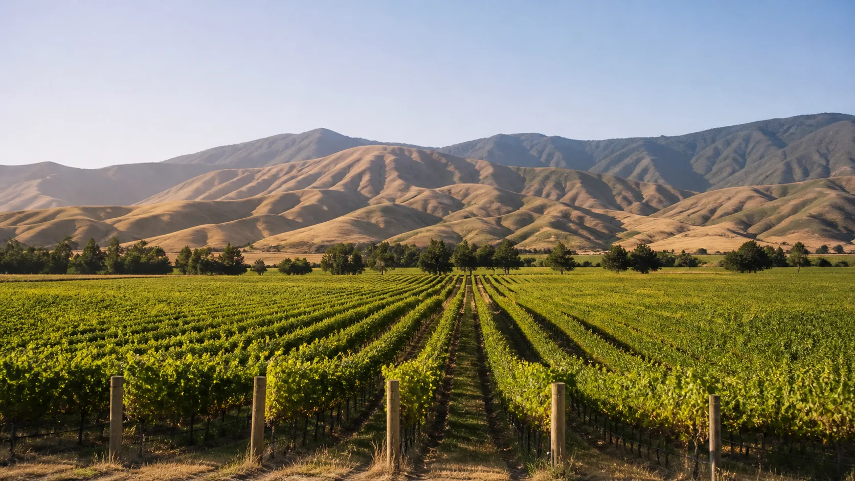Marlborough landscape with vineyard rows and dry folded hills near the Sounds gateway