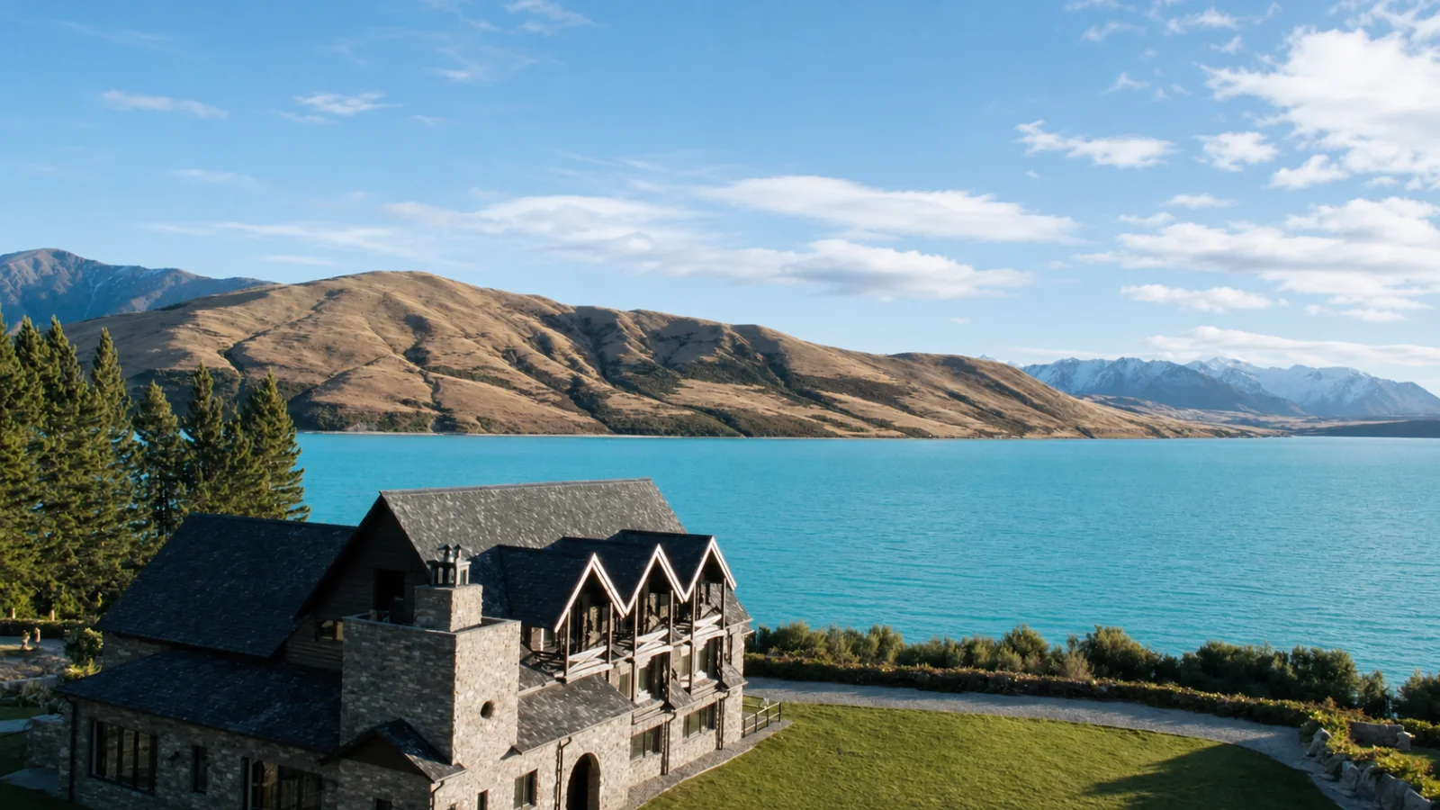 Lakeside lodge overlooking turquoise Lake Tekapo in clear daylight